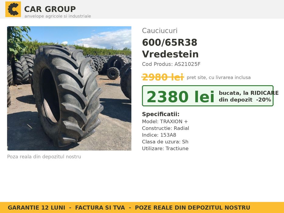 Anvelope Cauciucuri 600/65R38 600/65 R38 600/65-38 6006538 Vredestein Tractor Punte Spate Utilaje Agricole SH Second Hand SECOND HAND Garantie 1 An