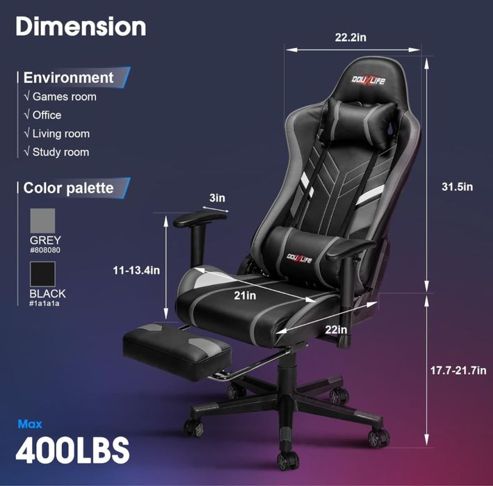 Масажен 7 точков геймърски стол с приставка за крака!