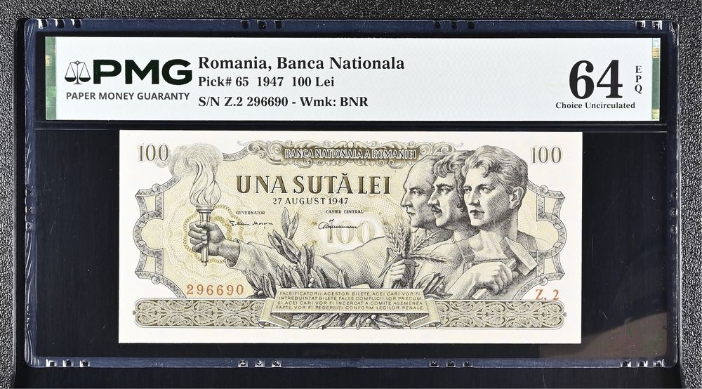 100 lei august 1947 pmg64 unc bancnota gradata