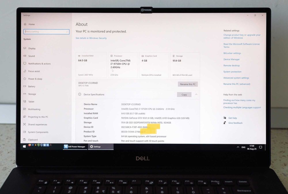 Laptop Dell XPS 15 9570    i7-9750H    4K Touch    64GB RAM    1TB SSD