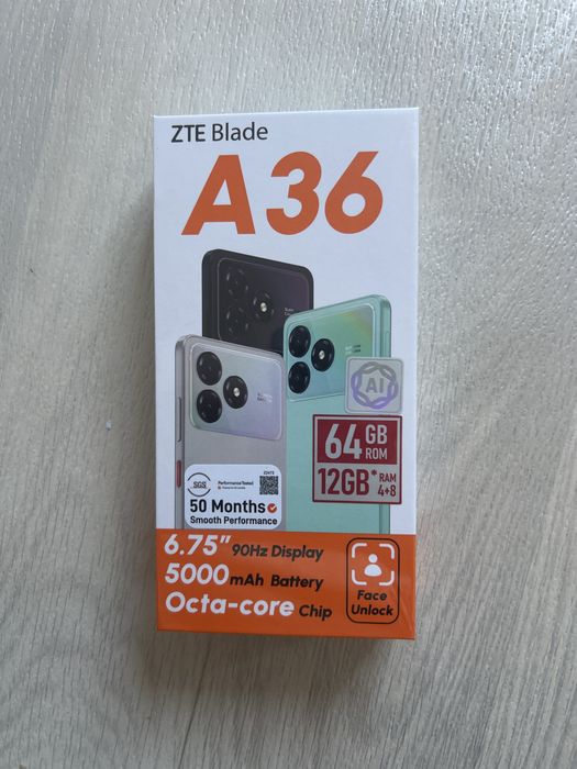 Телефон сатылады. ZTE Blade A36. 64/12gb.5000mAh battery ашылмағанжаңа
