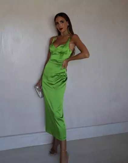 Rochie ZARA verde lime XS corset midi stramt bra cups fistic satin nou