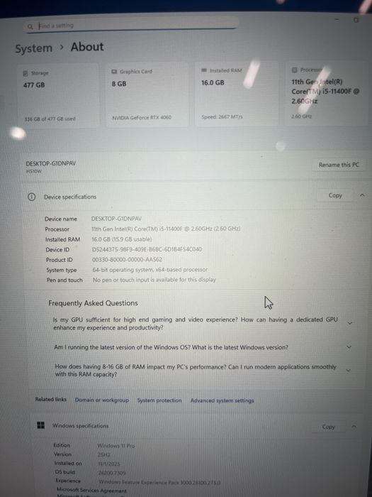 Системный блок, core i5-11400F, 16 ОЗУ, RTX 4060