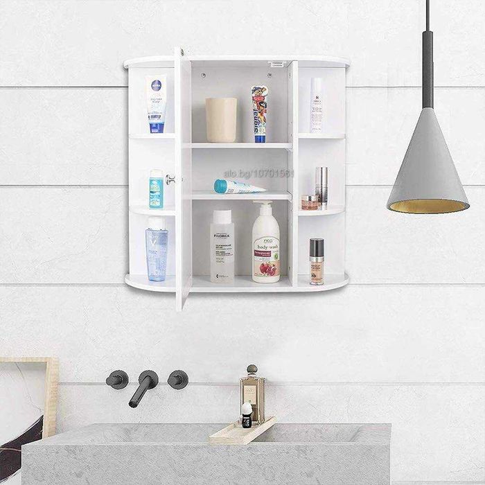 Огледален стенен шкаф за баня MDF, бял, 56 x 13 x 58 см