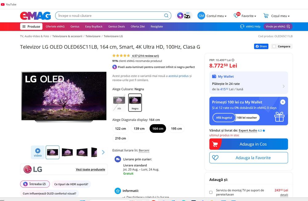 Stand/suport tv LG OLED OLED65C11LB, 164 cm, Smart, 4K Ultra HD, 100Hz