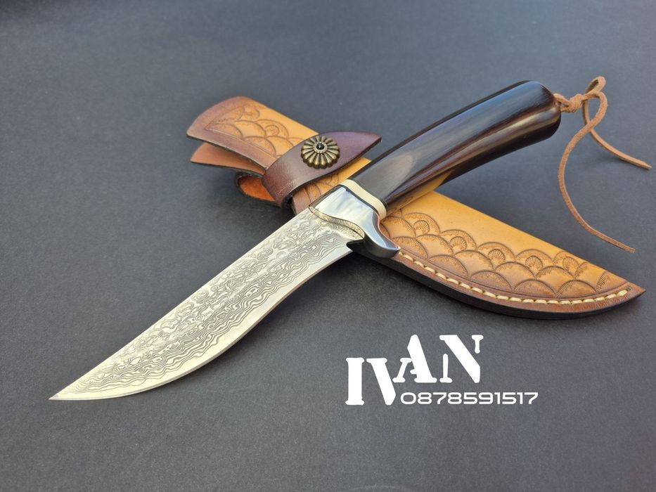 Японски ловен нож-дамаска стомана-VG10-кожена кания