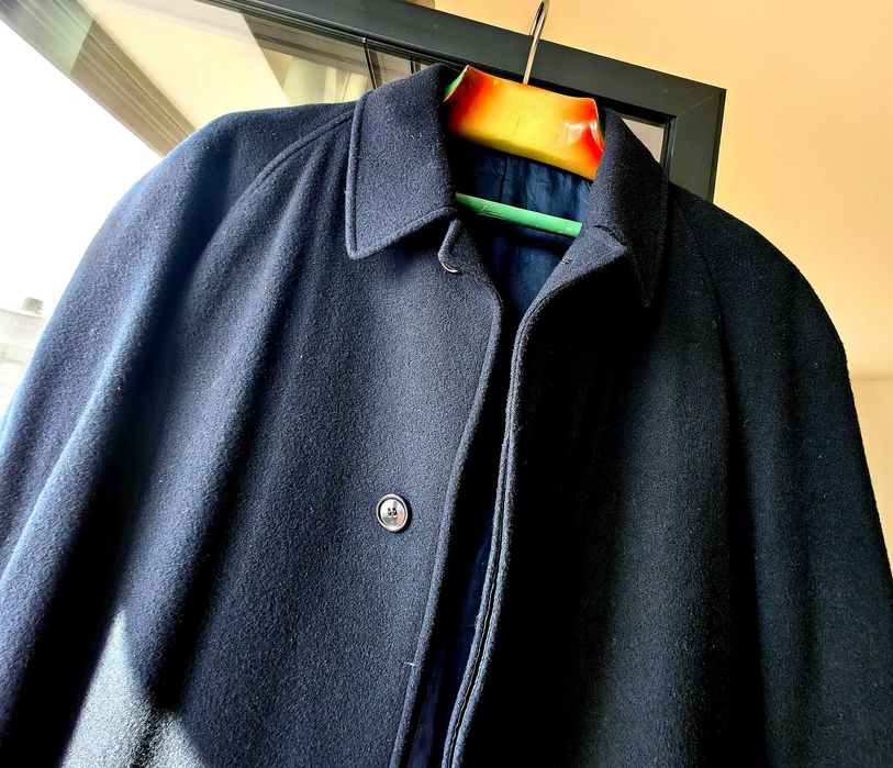 Palton din lână, captusit, barbatesc, lung, culoare bleumarin.