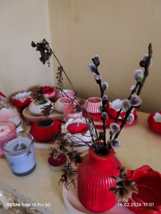 Set decorativ handmade lumânări + vază roșu alb