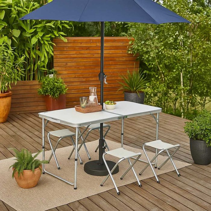 Туристически комплект, Lean, бяла сгъваема маса, 4 стола, 120x60x66cm