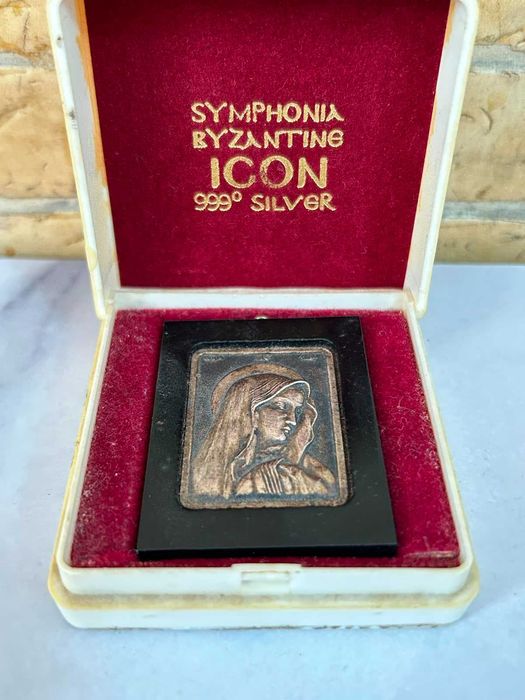 Icoană bizantină miniaturală Symphonia – argint 999‰, Grecia, cu cutie