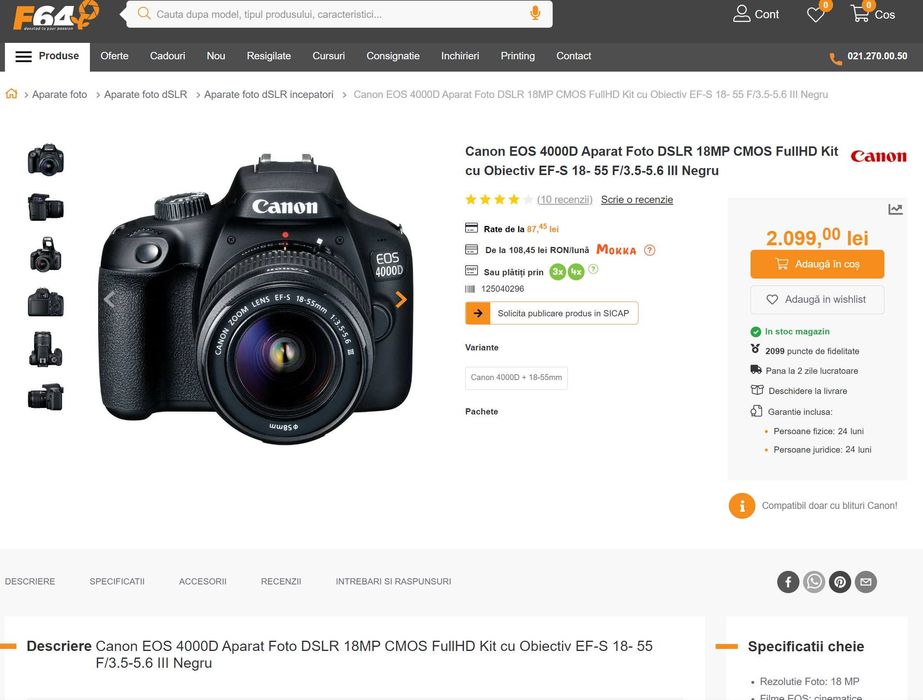 Vand/Schimb CANON 4000D WiFi + obiectiv - NOU - doar 800 de cadre!