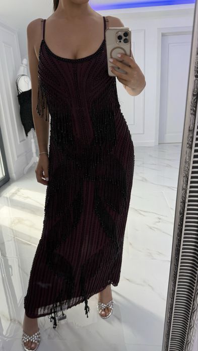 Rochie Eleganta burgundiu cu franjuri din margele negre