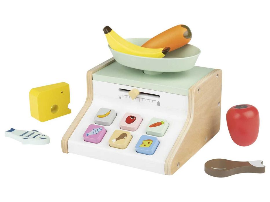 Детски дървен Касов Апарат със Скенер Кантар Везна с аксесоари 2 вида