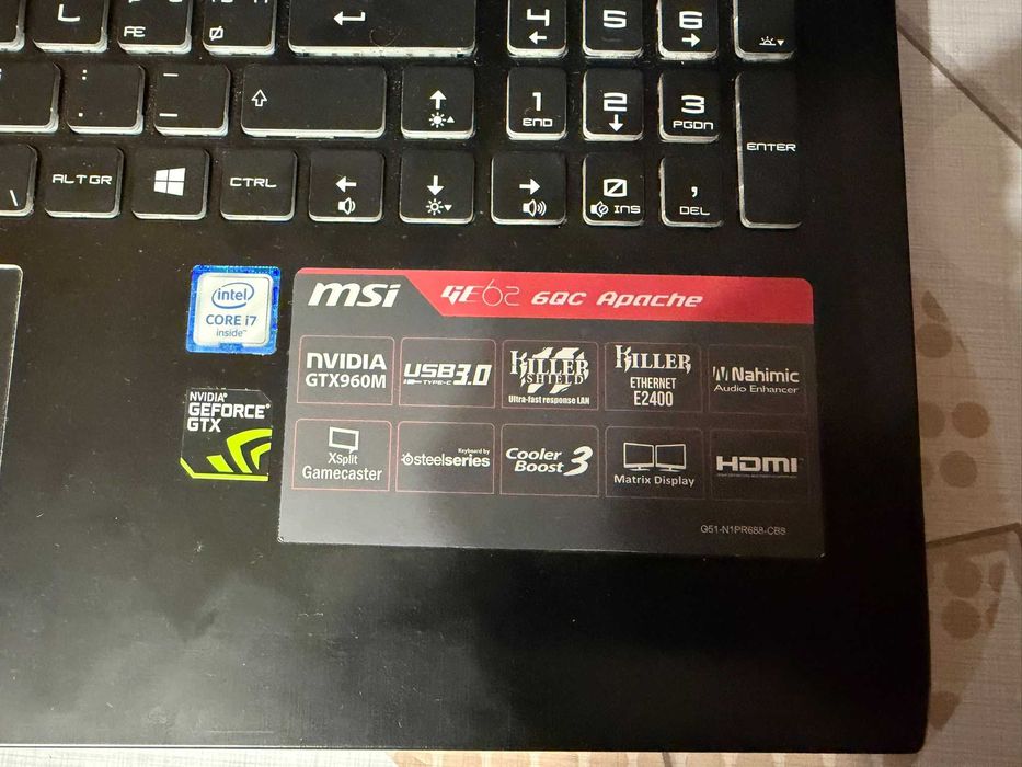 Laptop Gaming MSI GE62 6QC Apache, 15.6", i7-6700HQ, 16 GB DDR4, nVidia GTX 960M, 512 GB SSD + 500 GB HDD , Windows 11