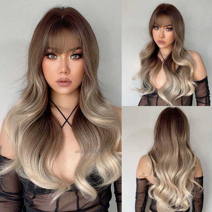 Омбре чуплива перука с кафяви корени и пепеляво руси краища с бретон