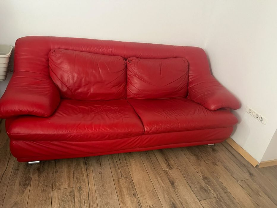Set canapea + fotoliu din piele naturală roșie