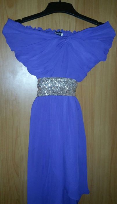 rochie asimetrica fara maneci voal albastra mov lila cordon talie mini