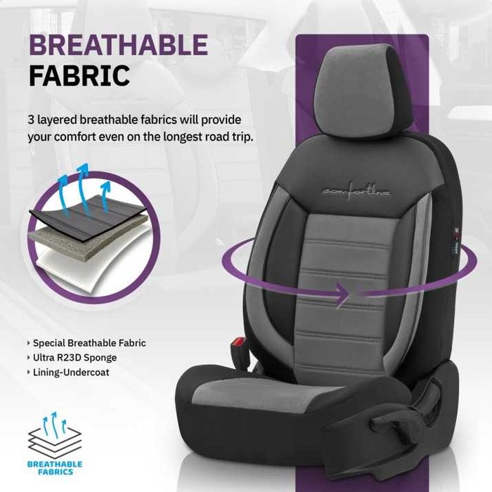 Луксозна Тапицерия OTOM текстил с еко кожа COMFORT LINE Design – Сиво-Черна със сив шев