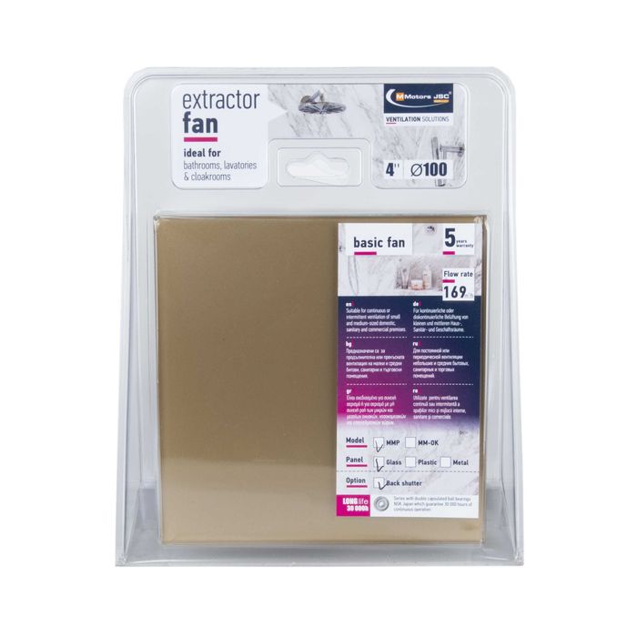 Вентилатор за баня дизайнерско стъкло Злато клапа турбо дебит 169м3/ч.