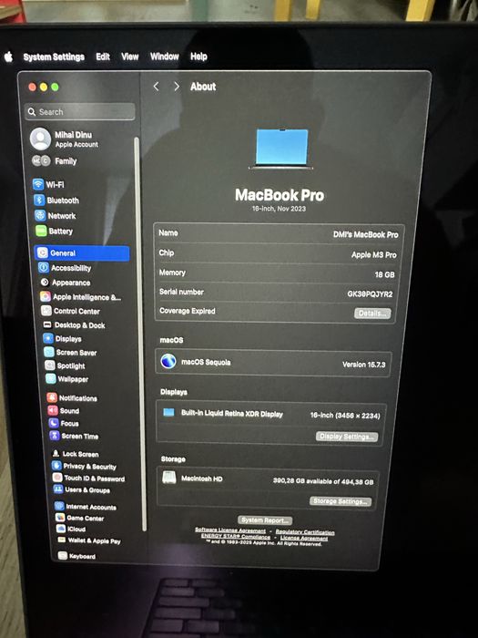 MacBook Pro M3 16" - 18Gb Ram - SSD 512Gb - Baterie 153 cicluri incarcare 100% capacitate + tastatura Magic Keyboard + Mouse Logitech MX Anyware 3S