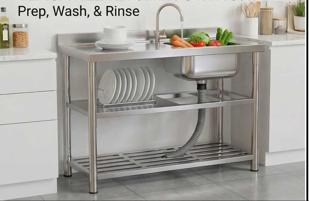Chiuveta premium inox 100x45x80cm completa cu 2 polite baterie