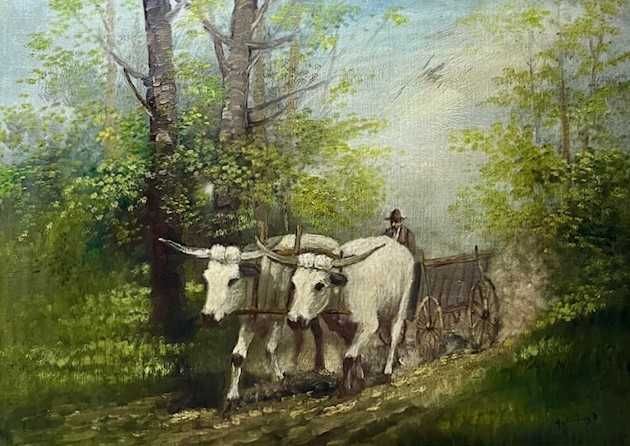 ”CAR CU BOI” tablou VECHI, in ulei/pânză/cart, semnat 70x50cm+Rama