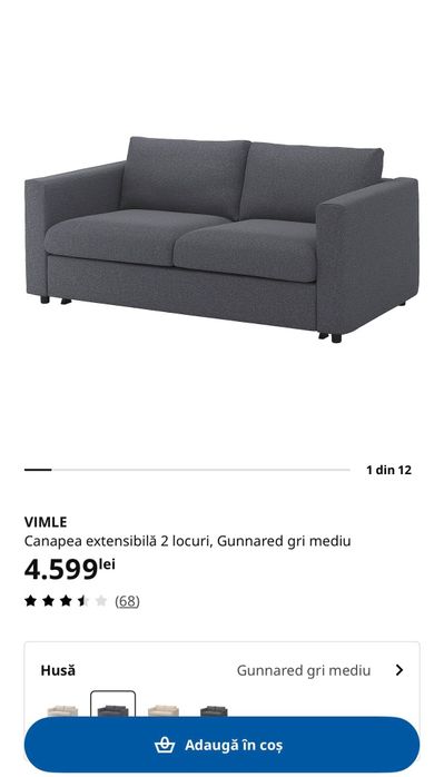 VIMLE IKEA Canapea extensibilă 2 locuri, Gunnared gri mediu
Canape