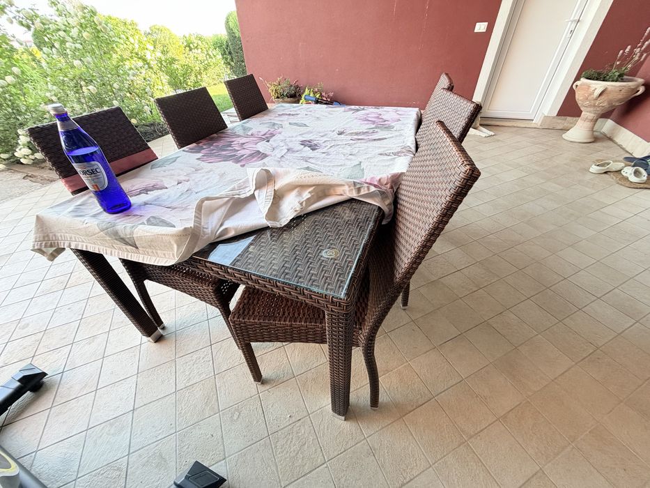 Set exterior: masa+6scaune+canapea(PERNE ALBE)+masuta cafea+sezlong