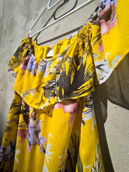 Bluza damă ICHI galben muștar cu volane, model bardot, mărime S