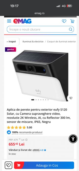 eufy Security Solar Wall Light Cam S120 | 2K | Solar | SIGILATĂ
