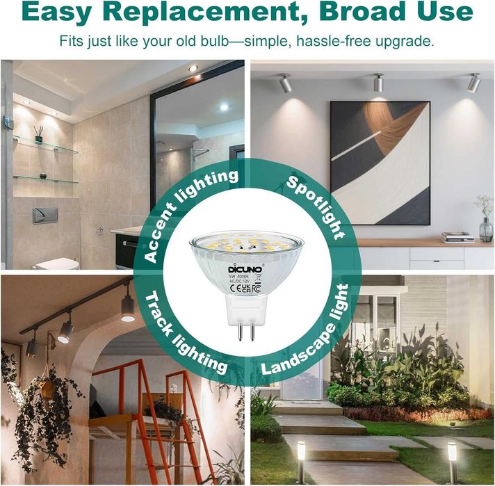 LED крушки DiCUNO MR16 50W халогенен еквивалент 12V AC/DC недимируеми, GU5.3 двупинов цокъл 4000K естествено бяло 120° ъгъл на лъча 500LM, 10 броя