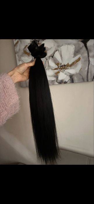 Естествена коса 100% , черна екстеншъни, удължения с щипки 200гр 60см