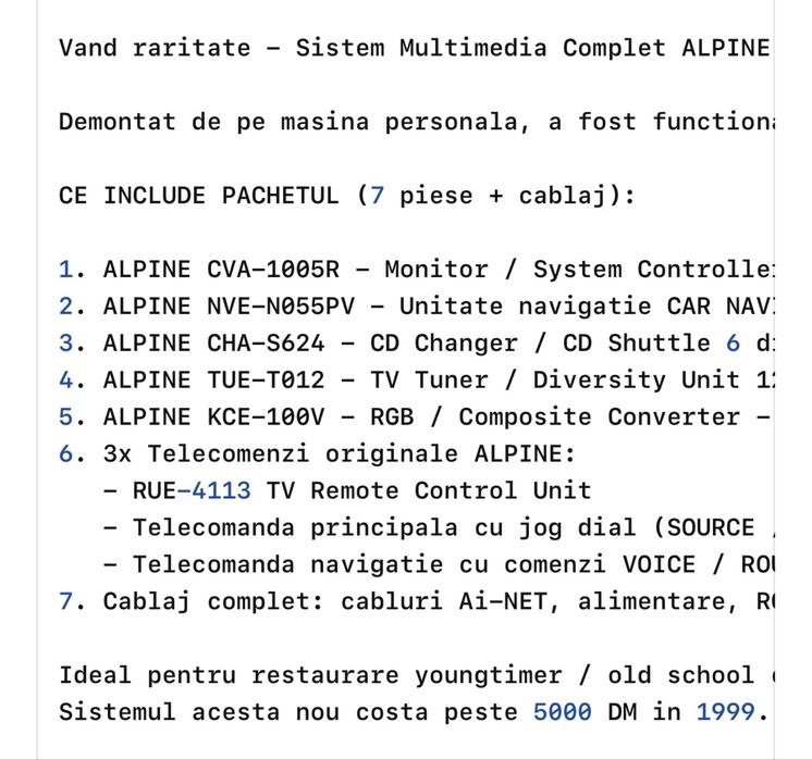 Vand raritate - Sistem Multimedia Complet ALPINE