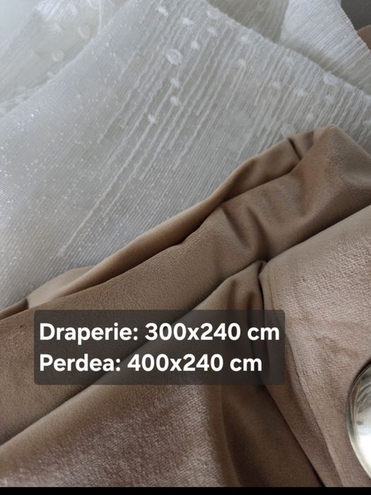 Set perdele albe texturate & draperii catifea bej/nude (dimensiuni mari)