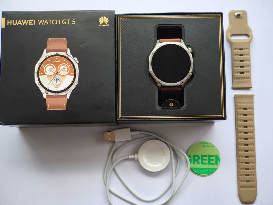 Топ цена ЧИСТО НОВ Huawei Watch GT5 (46mm) + 2 верижки (Кожена и Силиконова)
