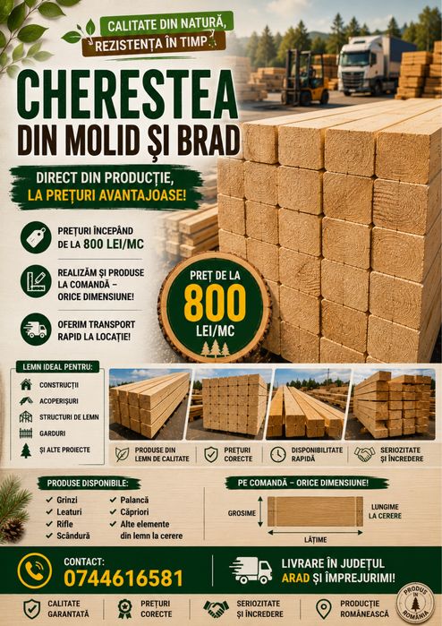 Cherestea molid/brad – grinzi, rigle, scândură – de la 800 lei/mc