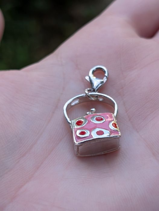 Vechi pandantiv charm din argint de 925 in forma de geanta, roz cu buline rosii