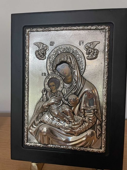 Icoana Maica Domnului Prunc IISUS Athos bizantin argintata certificata