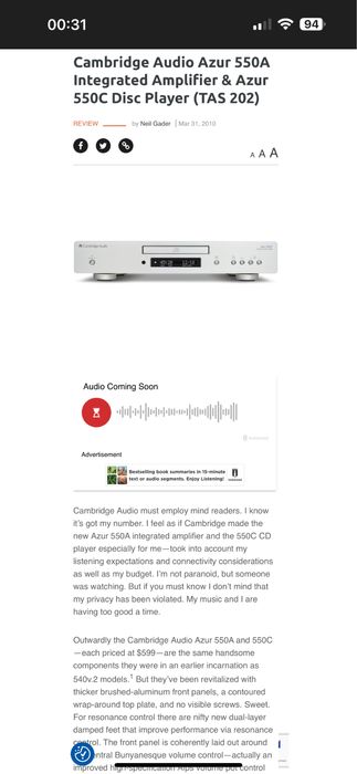 Cambridge Audio AZUR 550A Amplificator Audiophil 2x60W Preț Listă 600$