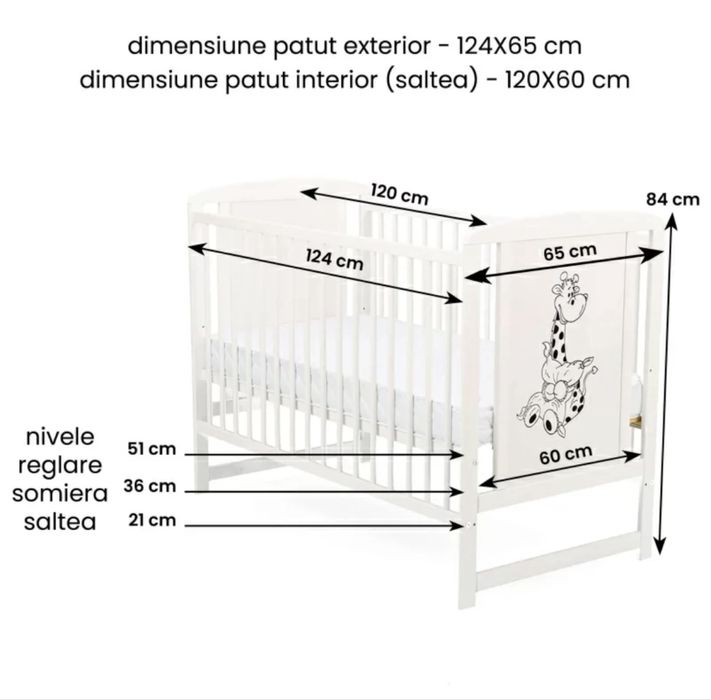Patut din lemn masiv 120x60 cm Bria alb cu laterala culisanta si saltea cocos LUX 120x60x12 cm, reglabil pe 3 nivele