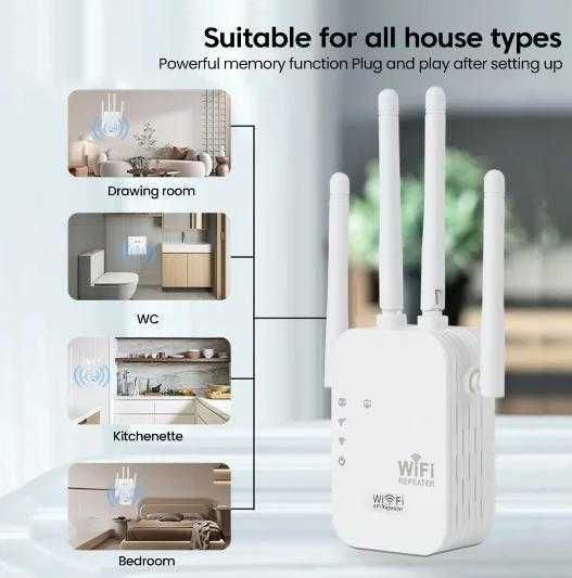 Интернет Бустер Повторител Безжичен Усилвател WiFi Repeater 4xАнтени 20dB 300MB Подобрява Сигнала и Покритието в Домашната Безжична Мрежа Офис Магазин
