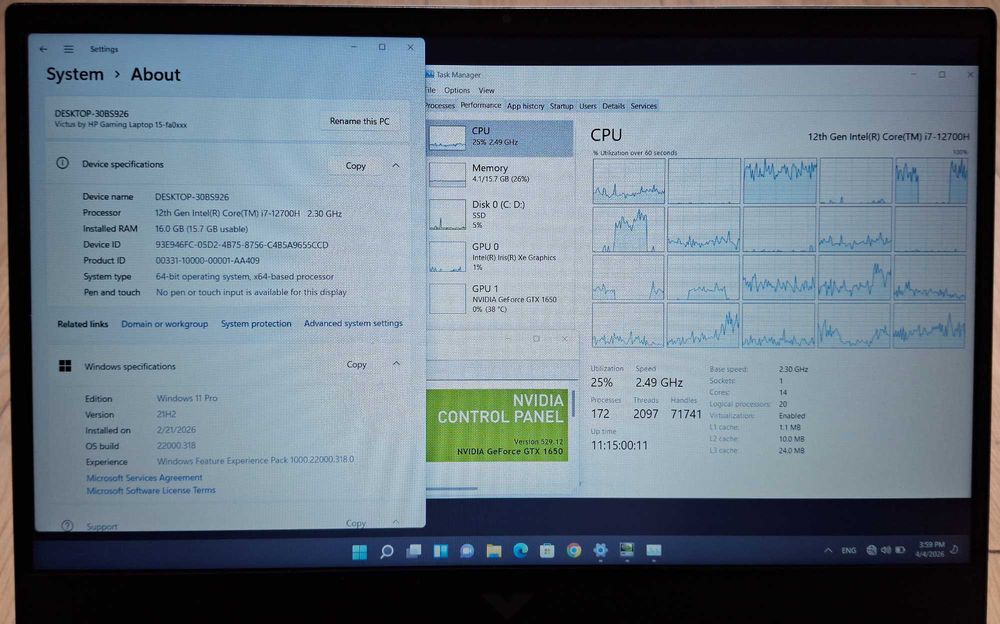 15.6' IPS HP Victus Ryzen i7-12700H/NVIDIA 1650 4GB GDDR6/16GB/1TB/Бат.5ч.