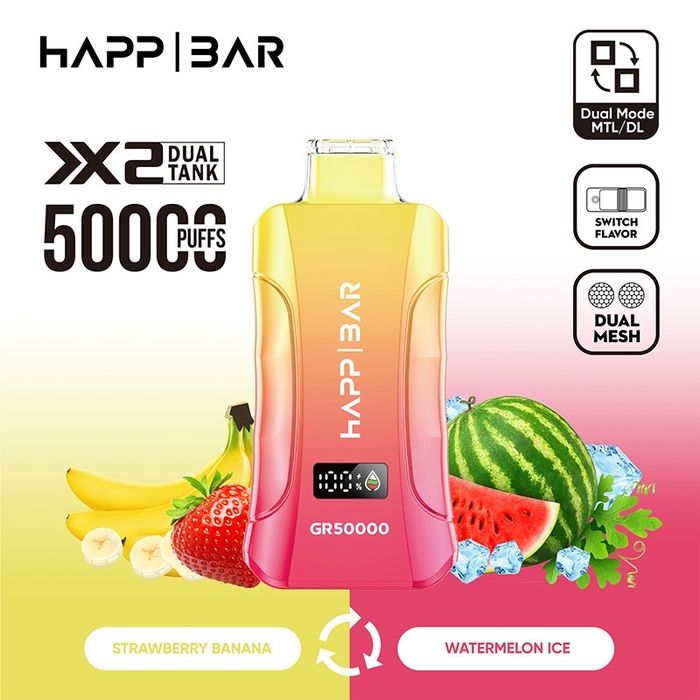 Vape HappBar 50000 fumuri 2 arome Strawberry Banana Watermelon Ice