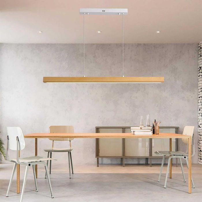 Lustra suspendata LED din lemn, pentru masa de dining, telecomanda si control prin aplicatie, luminozitate si inaltime reglabile, 100 cm, 36 W