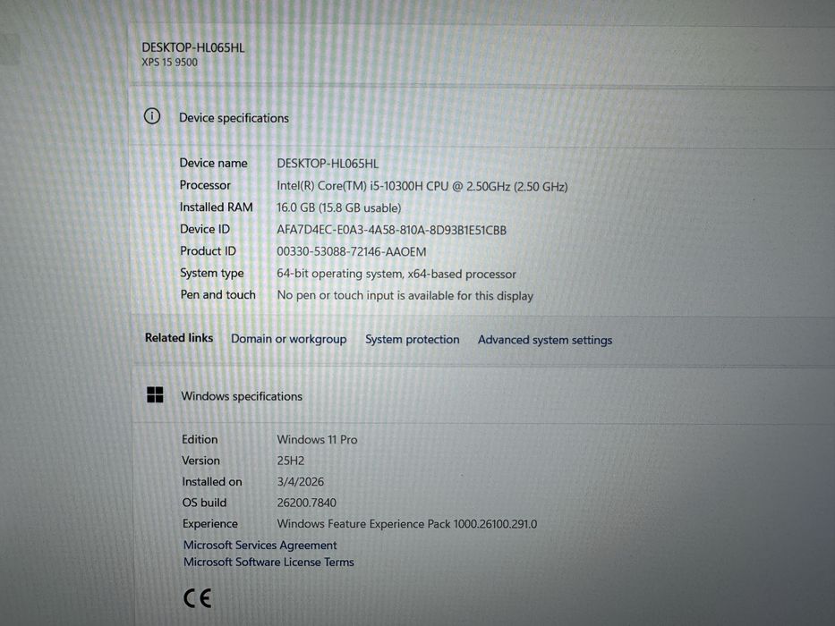 Laptop Dell XPS 9500, 15.6" Intel i5-10300H, 16GB RAM, 1,5TB, Bat 88Wh