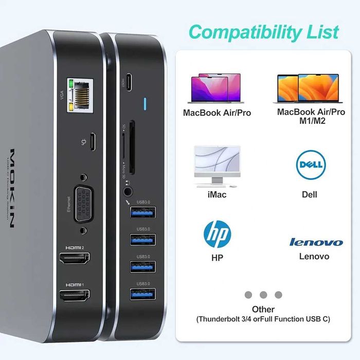 Nou docking station 2 hdmi 4k60+vga,usb c video in,sd card reader,4usb A