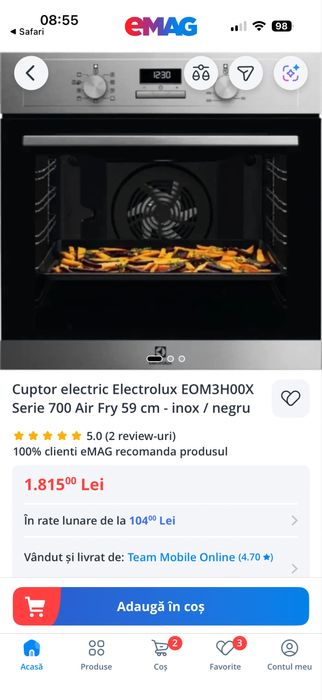 Cuptor electric Electrolux EOM3H00X serie 700 Air fry 59cm-inox /negru