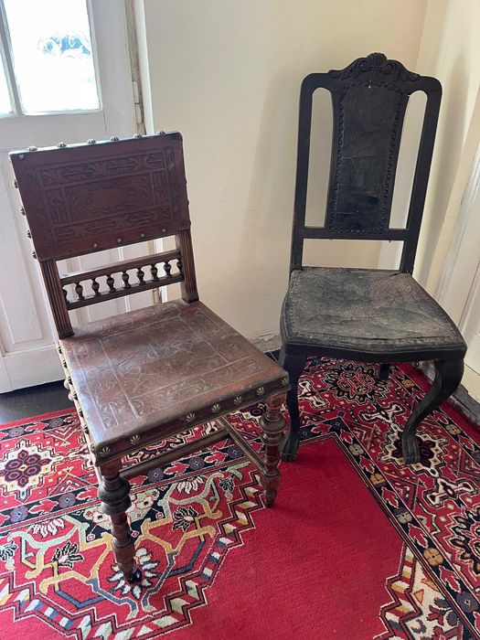 2 scaune pentru recondiționare vintage deosebite tapiserie piele
