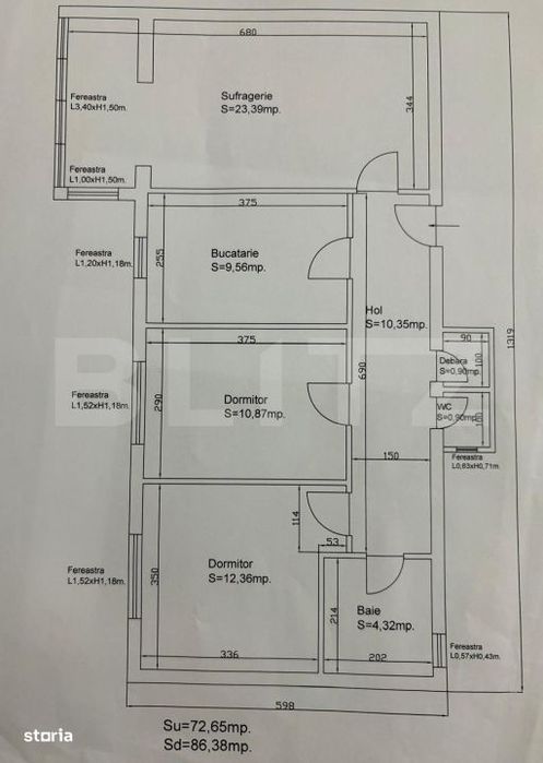 Apartament 3 camere, 76 mp, etaj 2, zona Calea Bucuresti