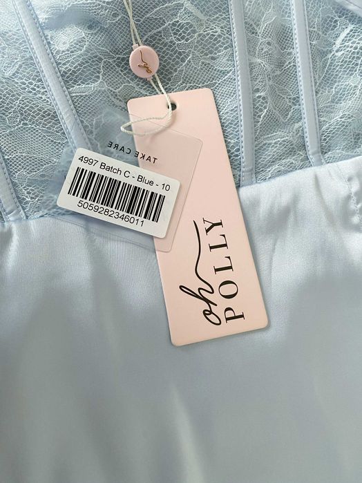 Rochie midi cu corset asimetric în albastru de la OhPolly (disponibil)